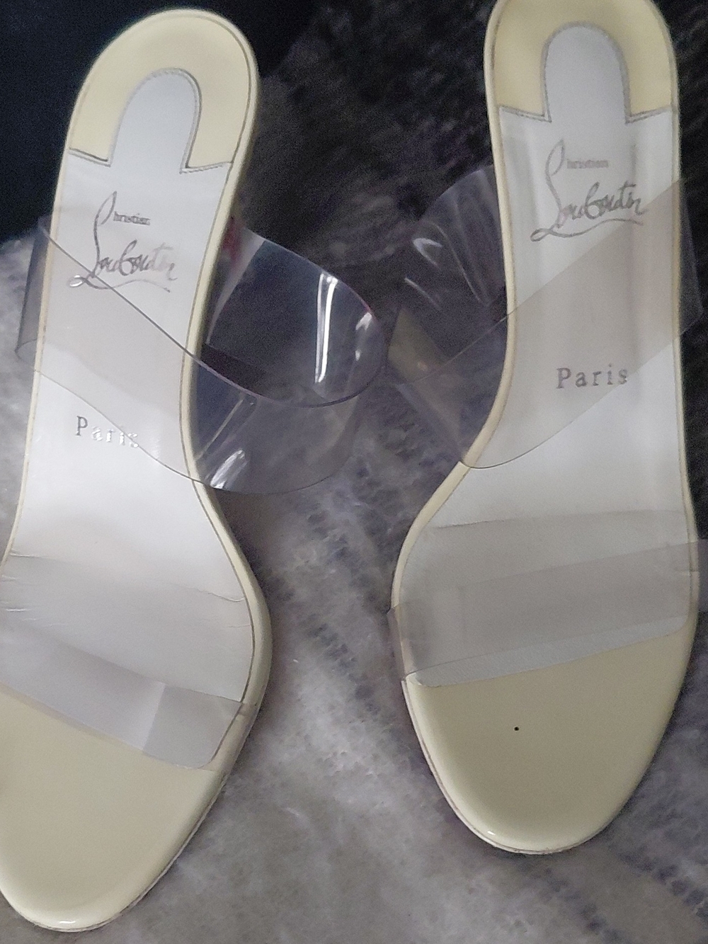 Christian Louboutin Clear Strap Slide Sandals in Ivory